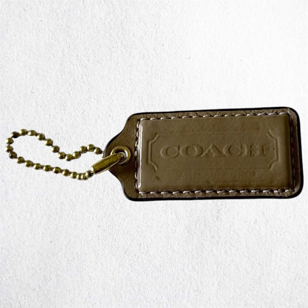 2.25" COACH Putty Taupe Patent Leather Brass Fob Bag Charm Keychain Hang Tag